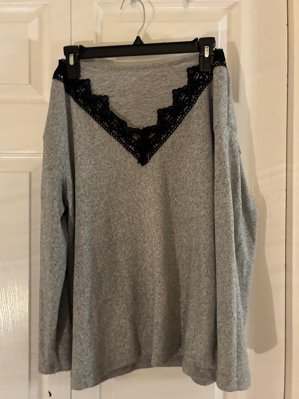 Gray Long Sleeve Top with Black Lace V-Neck